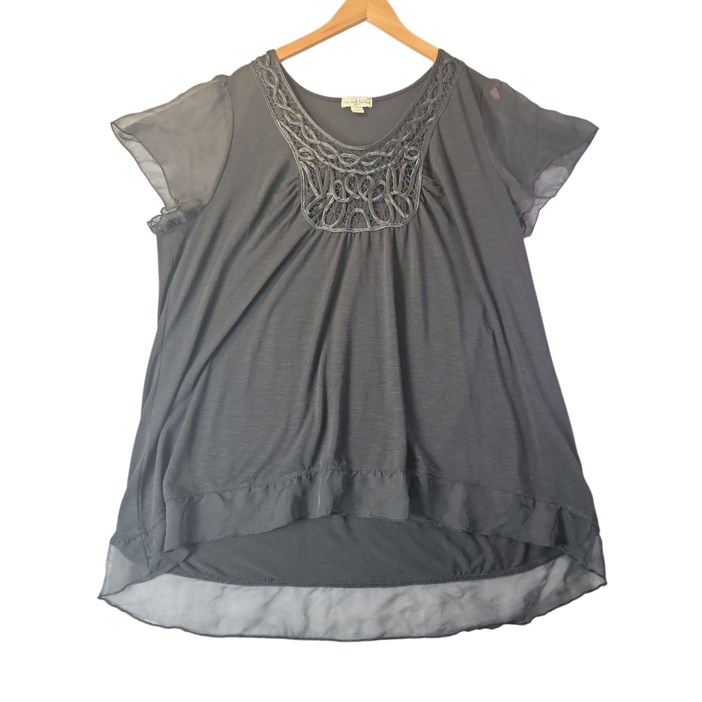 Live and Let Live Womens Sheer Overlay Blouse 3X Gray Embroidered Boho Tunic Top
